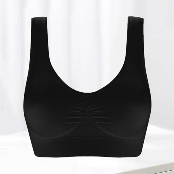 Seamless Scoop Neck Wireless Stretch Comfort Bra Top Black Lounge Wear - Picture 1 of 7